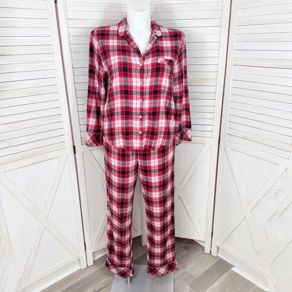 Victorias Secret Plaid Shimmer Flannel Pajama Set Red Pink Black Large - Picture 1 of 13